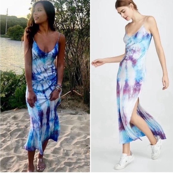 Dannijo Dress Silk Satin Slip Maxi in Tie Dye White Purple Blue - Picture 1 of 10